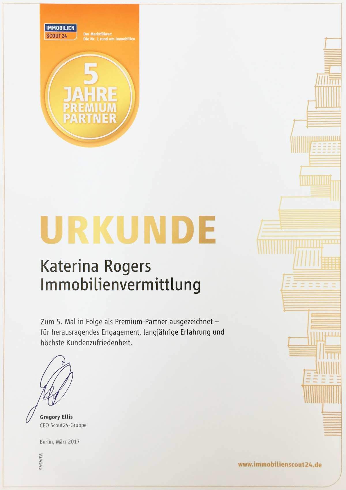 Von dem größten Immobilienportal in Deutschland Immobilienscout24 sind wir zum 5. Mal in folge als "Premium Partner" gekürt worden.