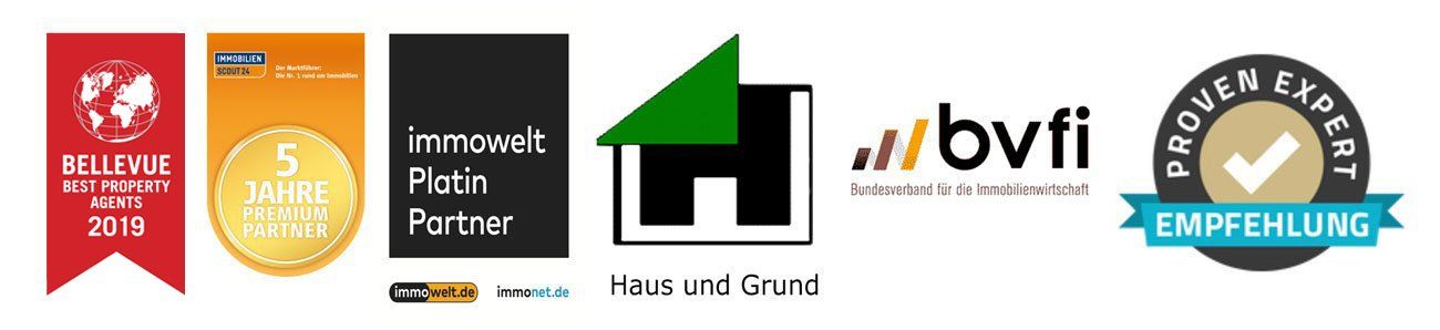 Auszeichnungen 2018 für Rogers Immobilien von Bellevue, Immobiliensout24, Immobilienwelt, Haus und Grund, bvfi und Proven Auszeichnungen 2018 für Rogers Immobilien von Bellevue, Immobiliensout24, Immobilienwelt, Haus und Grund, bvfi und Proven
