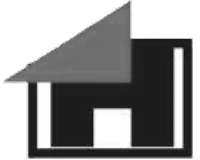 Schwarz-weißes Icon eines Hauses mit Satteldach und angedeuteter Zimmeraufteilung im Innern.