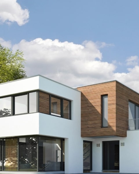 Zeitgenössisches weißes Einfamilienhaus mit Holzverkleidung am Erker und großen Fensterflächen.