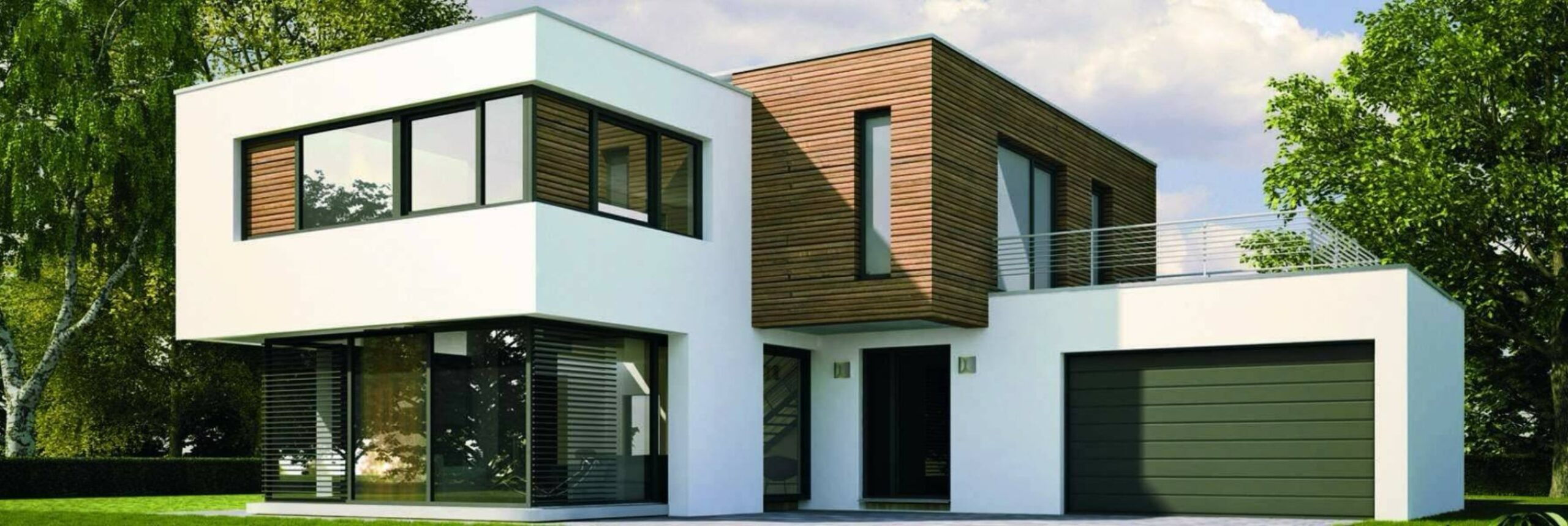 3D visualization of a modern cubic new construction house with a wooden facade, real estate developer sales theme