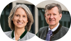 Runde Porträtfotos von Katerina Rogers und Thomas Rogers nebeneinander, beide lächelnd in Businesskleidung.