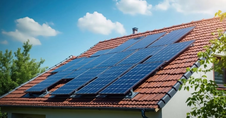 Ziegeldach mit installierter Photovoltaikanlage vor blauem Himmel, Thema Solarpflicht bei der Dachsanierung