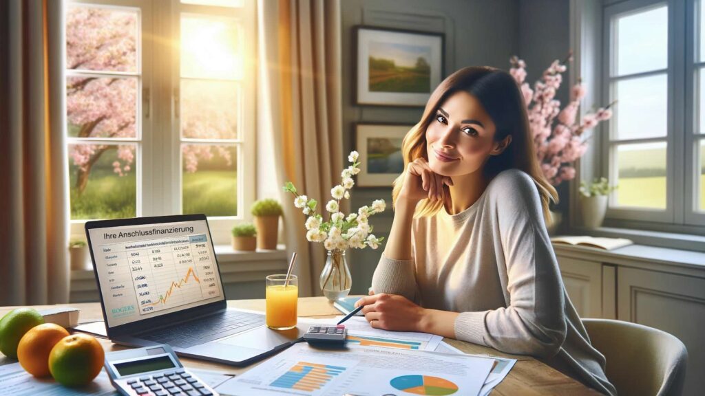 Frau sitzt nachdenklich am Schreibtisch mit Laptop und Finanzdiagrammen, Symbolbild Anschlussfinanzierung