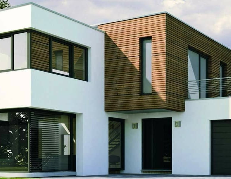 Modern cube house with white facade and wood cladding as a new construction project