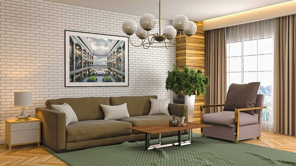 3D-Visualisierung eines Wohnzimmers mit Sofa, Sessel und Bild an weißer Ziegelwand