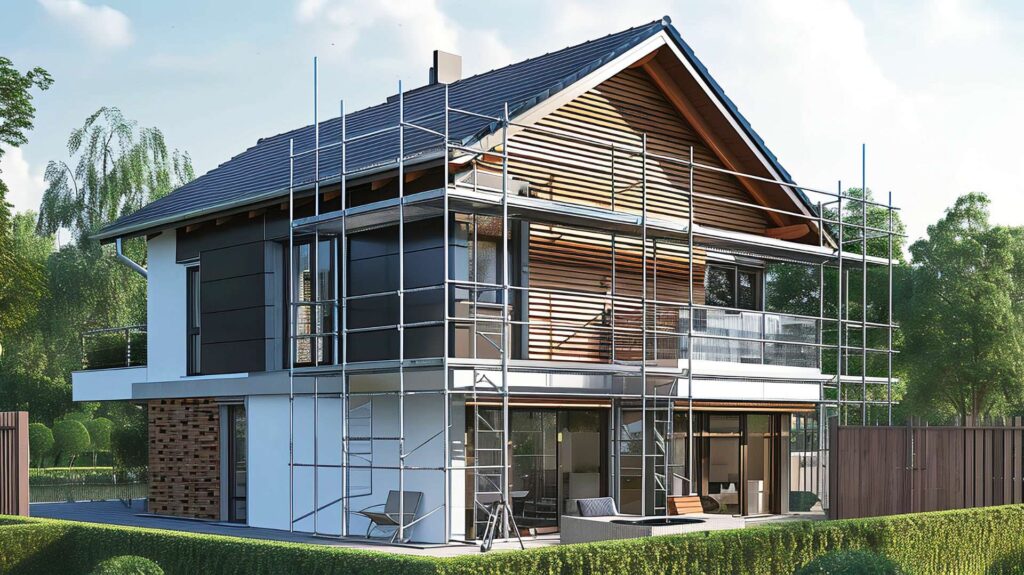 Modernes Haus mit Baugerüst und Holzfassade als Titelbild zum Thema EU-Sanierungspflicht