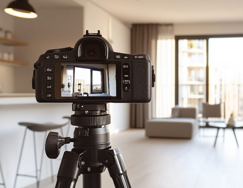 Kamera auf Stativ fotografiert ein modernes helles Wohnzimmer für die Immobilienfotografie