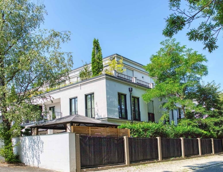 Weiße moderne Villa mit Dachterrasse und Zypressen hinter einem hohen Sichtschutzzaun in München