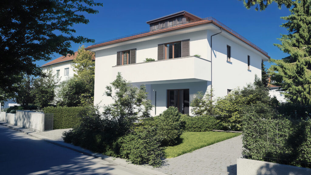 Weiße moderne Villa mit Vorgarten und blauem Himmel als Titelbild zum Thema Jahressteuergesetz 2024