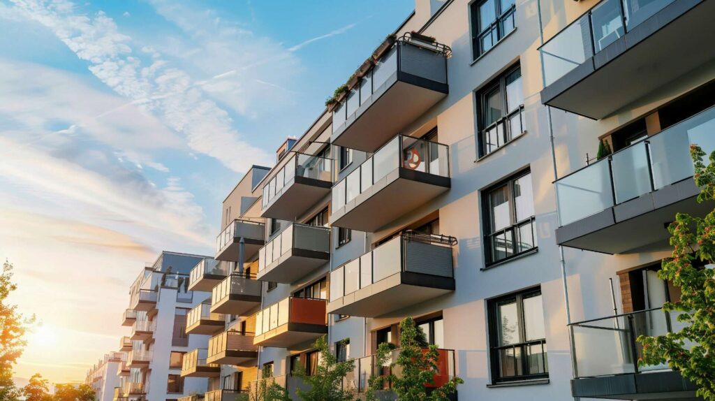 Moderne Neubaufassade mit Balkonen bei Sonnenuntergang als Titelbild zum Thema verjährte Kautionsansprüche