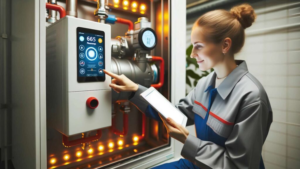 Technikerin prüft die Steuerung einer Wärmepumpe an einer Heizungsanlage