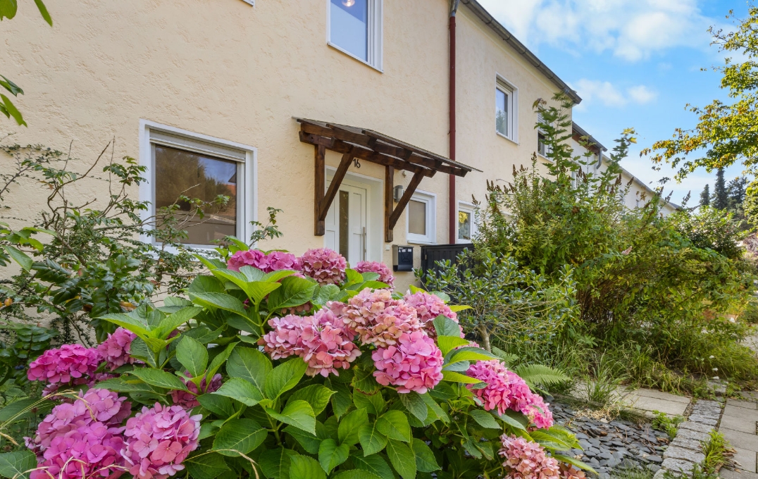 Hauseingang mit blühenden Hortensien vor einem Reihenhaus in Planegg