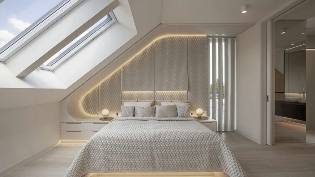 Helles Schlafzimmer mit Dachschräge, Dachfenster und indirekter Beleuchtung in einer Villa in Regensburg