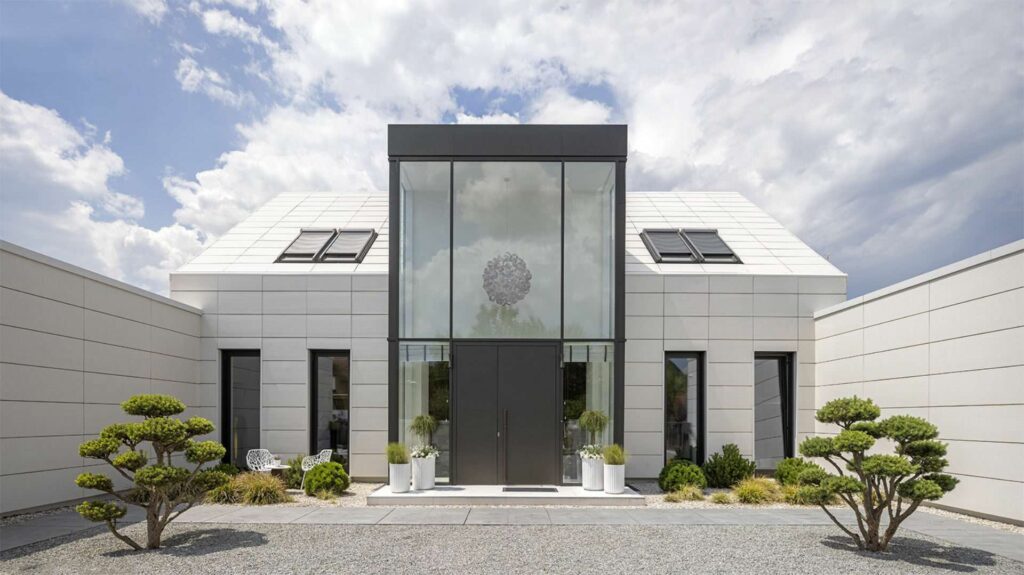Moderne minimalistische Villa mit gläsernem Eingangsbereich und japanischen Gartenbäumen in Regensburg