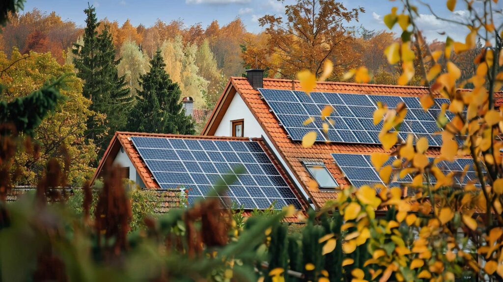 Ziegeldach mit Solaranlage umgeben von herbstlich gefärbten Bäumen als Titelbild zum Thema Solarstromförderung