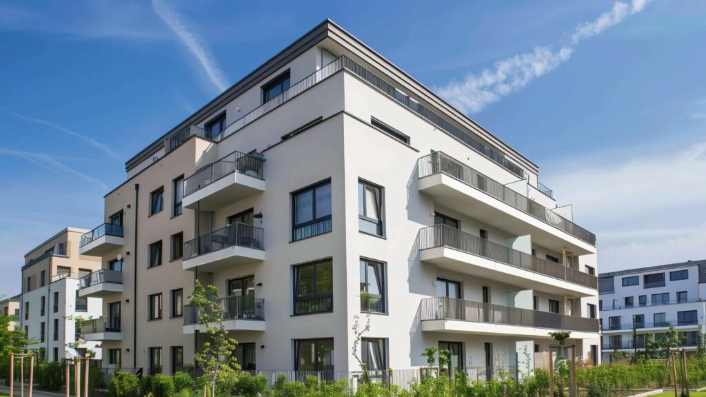 Modernes weißes Mehrfamilienhaus mit Balkonen und Grünflächen als Titelbild zum Thema Steuer beim Immobilienkauf
