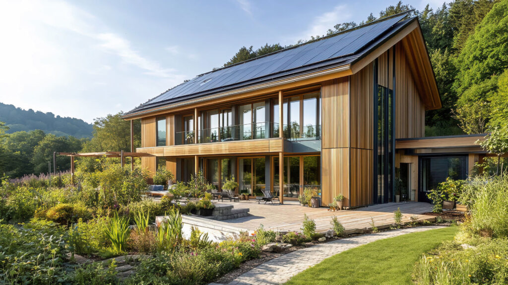 Modernes Holzhaus mit großer Fensterfront und Solaranlage auf dem Dach als Beispiel energetischer Sanierung