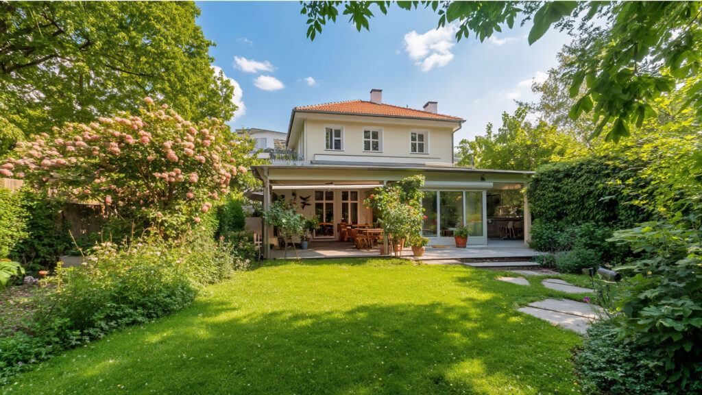 Gelbe Altbauvilla mit gepflegtem Garten und Terrasse als Titelbild zum Thema Junge Käufer erwerben Altimmobilien