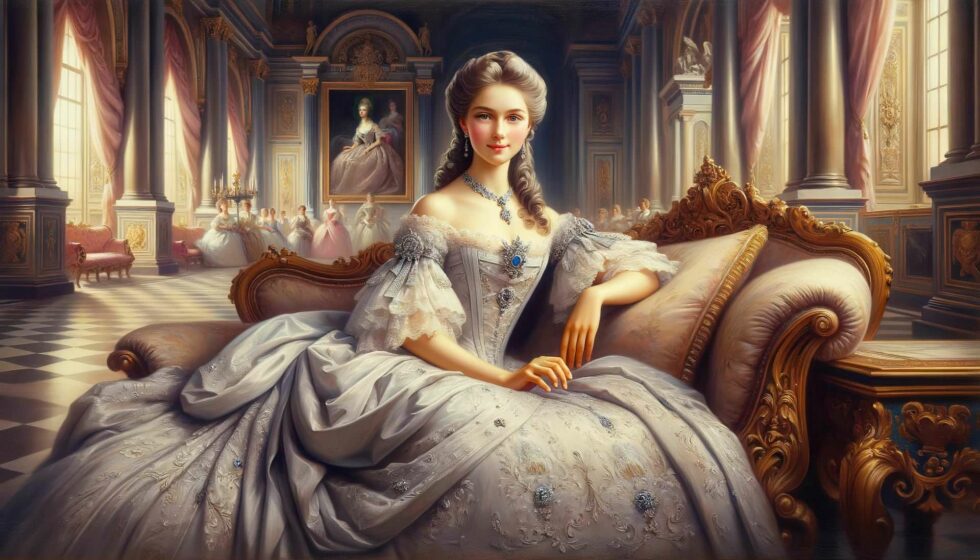KI-generiertes Portrait einer Frau im historischen Kleid auf einer Chaiselongue in prunkvollem Saal