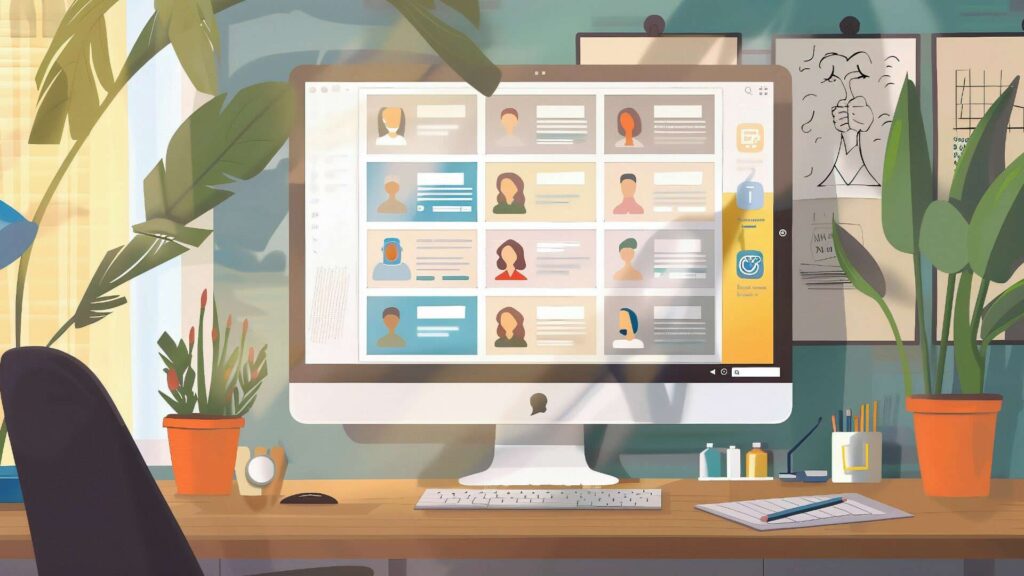 Illustration eines Schreibtisch-Arbeitsplatzes mit Bildschirm für ein virtuelles Onlinemeeting