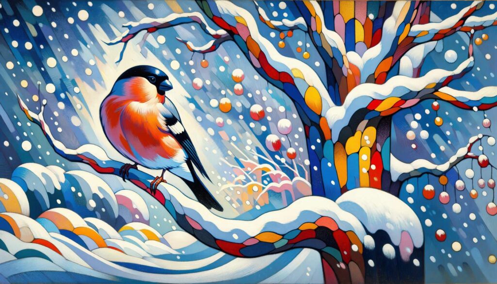 Winterliche Illustration eines Gimpels auf einem schneebedeckten Ast, Weihnachtsmotiv