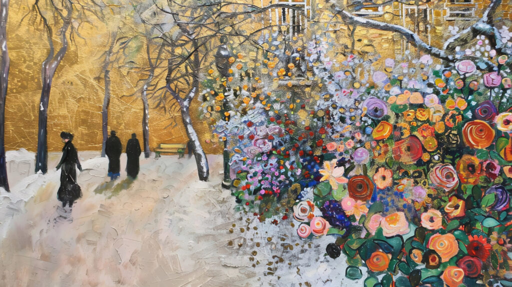 Winterliches Gemälde mit verschneiter Allee und bunten Blumen als Weihnachtsmotiv 2024 von Rogers Immobilien