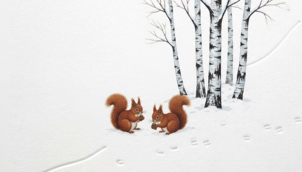 Winterliches Weihnachtsmotiv mit zwei Eichhörnchen zwischen Birken im Schnee von Rogers Immobilien