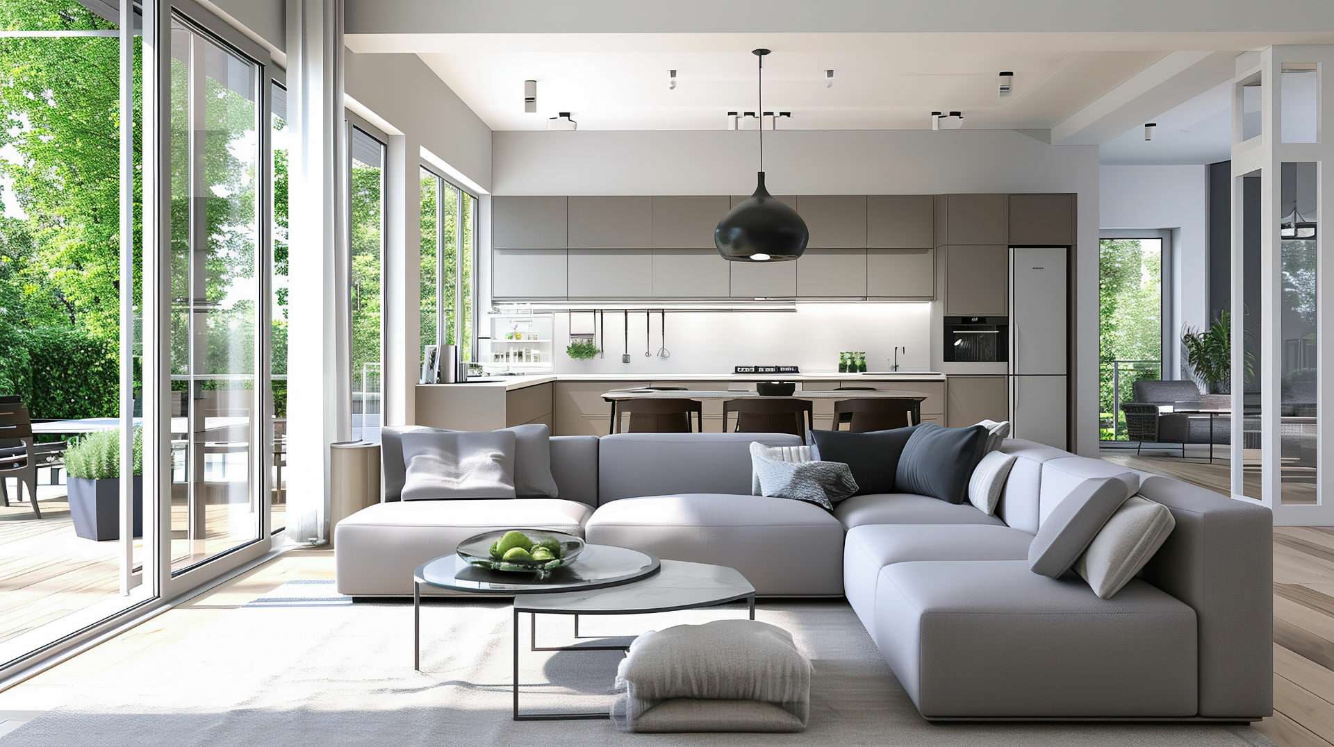 Modernes offenes Wohnzimmer mit grauem Sofa, Küche und Gartenblick