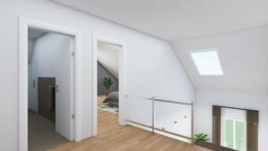 Möblierte 3D-Visualisierung des Flurs im Dachgeschoss mit Galeriegeländer und Dachfenster in einer Doppelhaushälfte in Bogenhausen