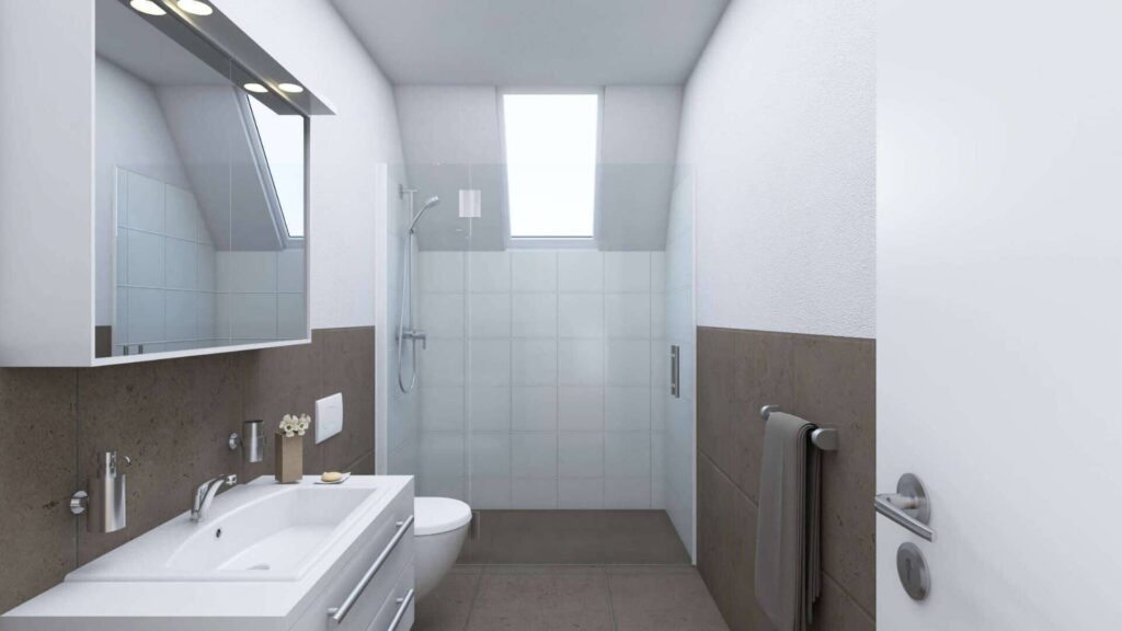 Möblierte 3D-Visualisierung eines Badezimmers mit Dusche, WC und Waschtisch unter Dachschräge in Bogenhausen