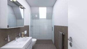 Möblierte 3D-Visualisierung eines Badezimmers mit Dusche, WC und Waschtisch unter Dachschräge in Bogenhausen