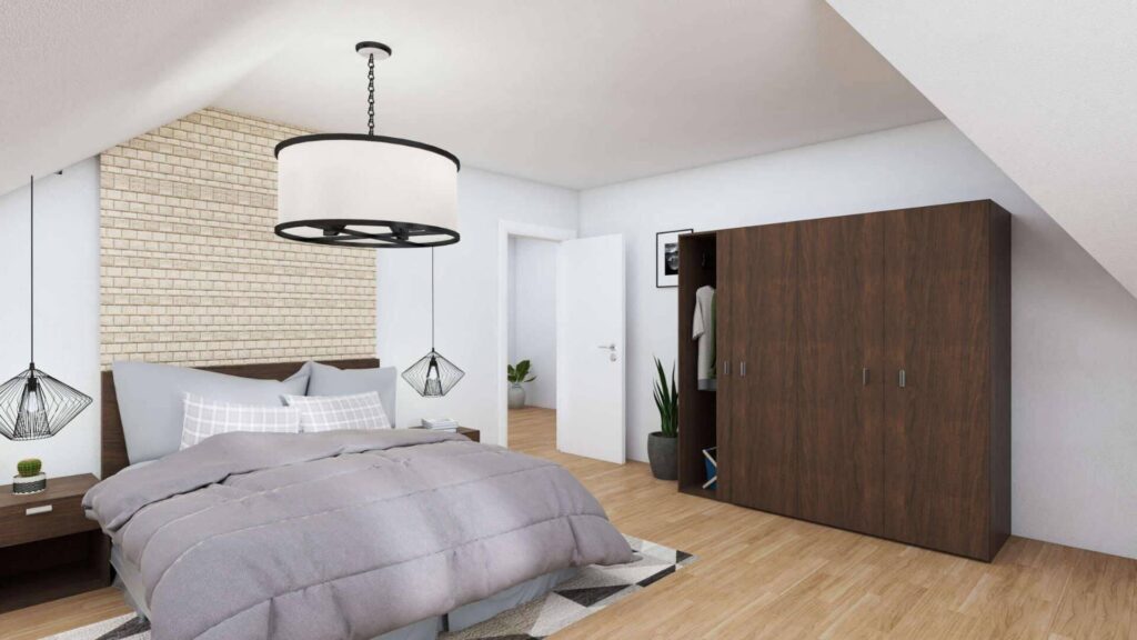 Möblierte 3D-Visualisierung eines Schlafzimmers mit Doppelbett und Kleiderschrank unter der Dachschräge in Bogenhausen