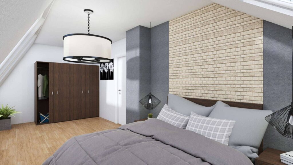 Möblierte 3D-Visualisierung eines Schlafzimmers mit Doppelbett unter Dachschräge und Ziegelwand-Optik in Bogenhausen