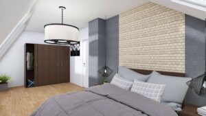 Möblierte 3D-Visualisierung eines Schlafzimmers mit Doppelbett unter Dachschräge und Ziegelwand-Optik in Bogenhausen
