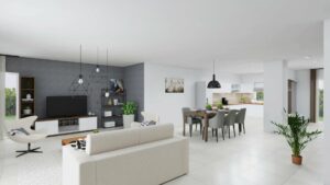 Möblierte 3D-Visualisierung eines offenen Wohn-Essbereichs mit Sofa und Esstisch in einer Doppelhaushälfte in Bogenhausen