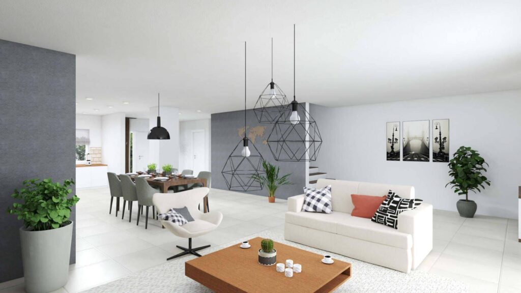 Möblierte 3D-Visualisierung eines offenen Wohn-Essbereichs mit Sofa, Esstisch und Treppe in einem Doppelhaus in Bogenhausen