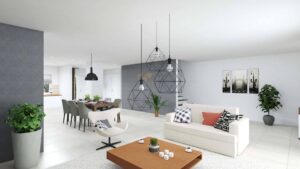 Möblierte 3D-Visualisierung eines offenen Wohn-Essbereichs mit Sofa, Esstisch und Treppe in einem Doppelhaus in Bogenhausen