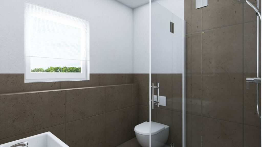 Möblierte 3D-Visualisierung eines Duschbads mit WC und Fenster im Obergeschoss eines Doppelhauses in Bogenhausen