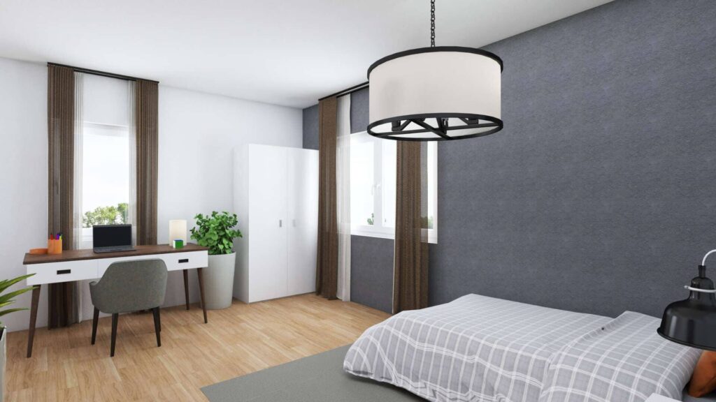 Möblierte 3D-Visualisierung eines Schlafzimmers mit Doppelbett, Schreibtisch und Kleiderschrank im Obergeschoss eines Doppelhauses in Bogenhausen