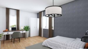 Möblierte 3D-Visualisierung eines Schlafzimmers mit Doppelbett, Schreibtisch und Kleiderschrank im Obergeschoss eines Doppelhauses in Bogenhausen