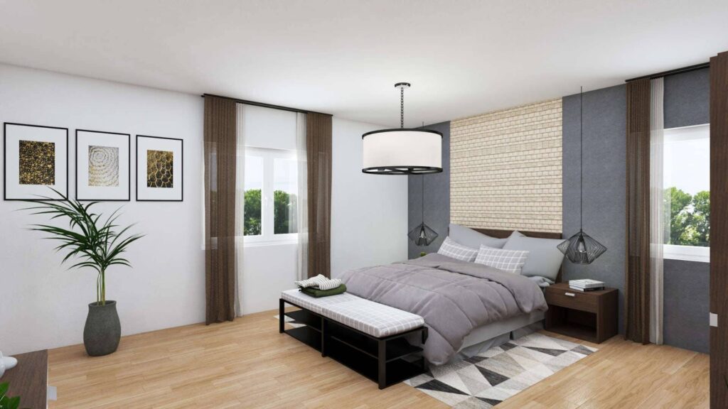 Möblierte 3D-Visualisierung eines Schlafzimmers mit Doppelbett, Bank und gemusterter Wand im Obergeschoss in Bogenhausen