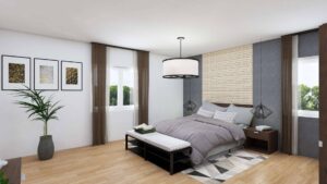 Möblierte 3D-Visualisierung eines Schlafzimmers mit Doppelbett, Bank und gemusterter Wand im Obergeschoss in Bogenhausen