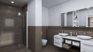 Möblierte 3D-Visualisierung eines Badezimmers mit Doppelwaschtisch, großem Spiegel und Dusche im Obergeschoss eines Doppelhauses in Bogenhausen