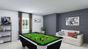 Möblierte 3D-Visualisierung eines Hobbyraums im Untergeschoss mit Billardtisch und Sofa in einem Doppelhaus in Bogenhausen