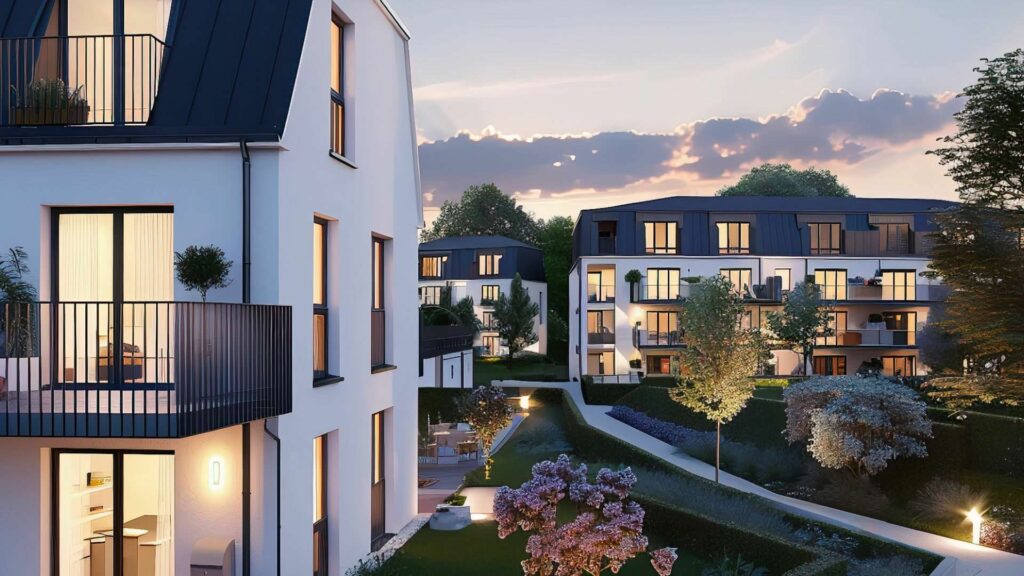 Illuminated modern residential complex with balconies at dusk