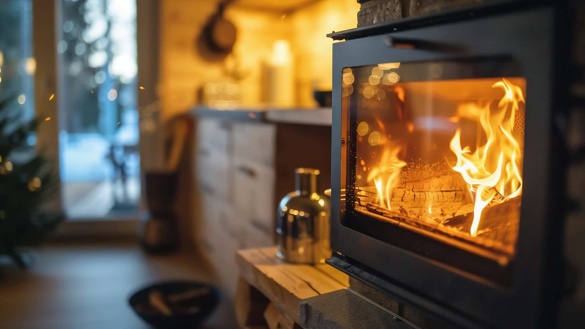 Brennendes Kaminfeuer hinter Glasscheibe in einem gemütlichen Wohnbereich