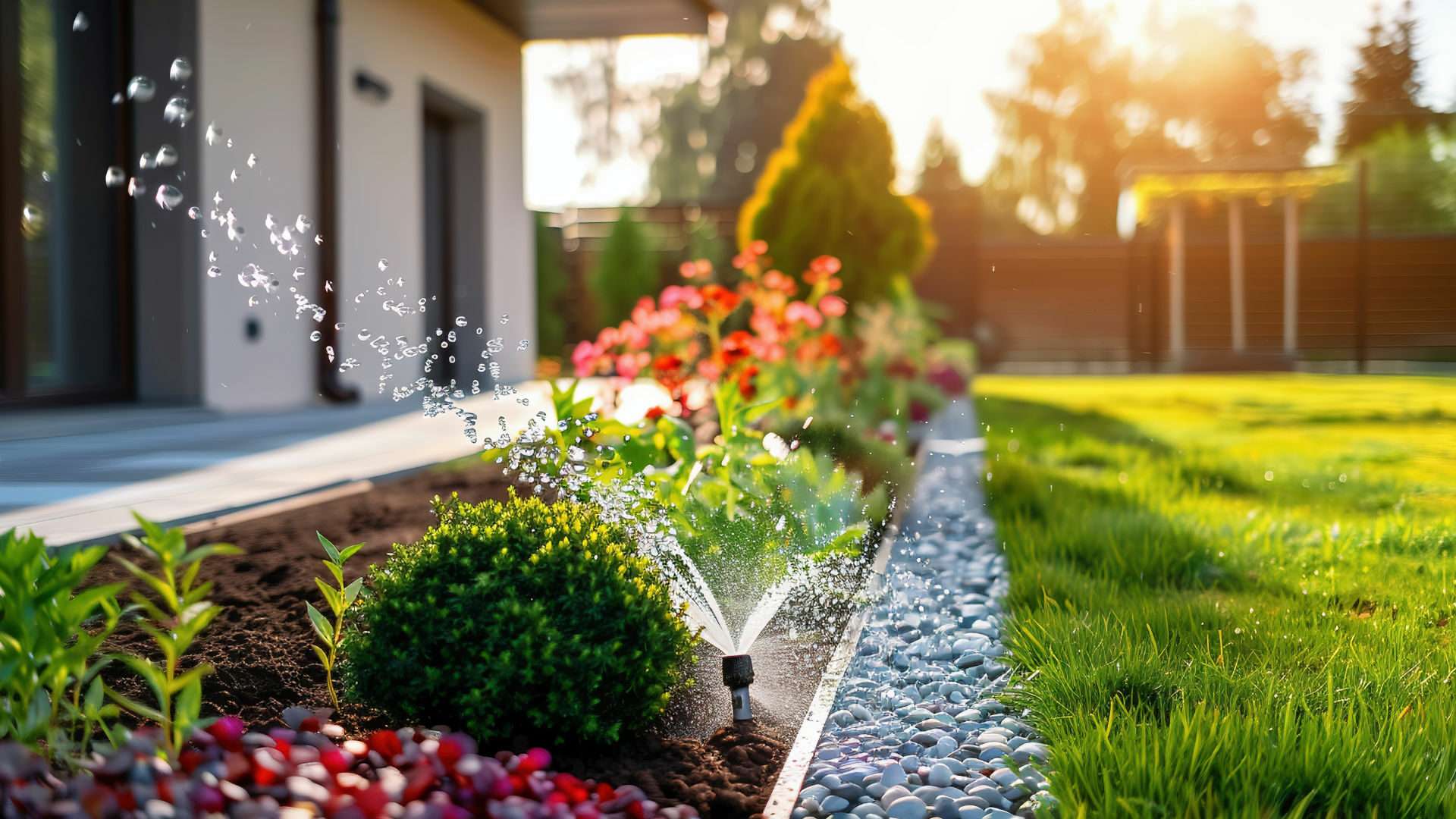 Automatisches Bewässerungssystem sprüht Wasser über ein Blumenbeet im Garten