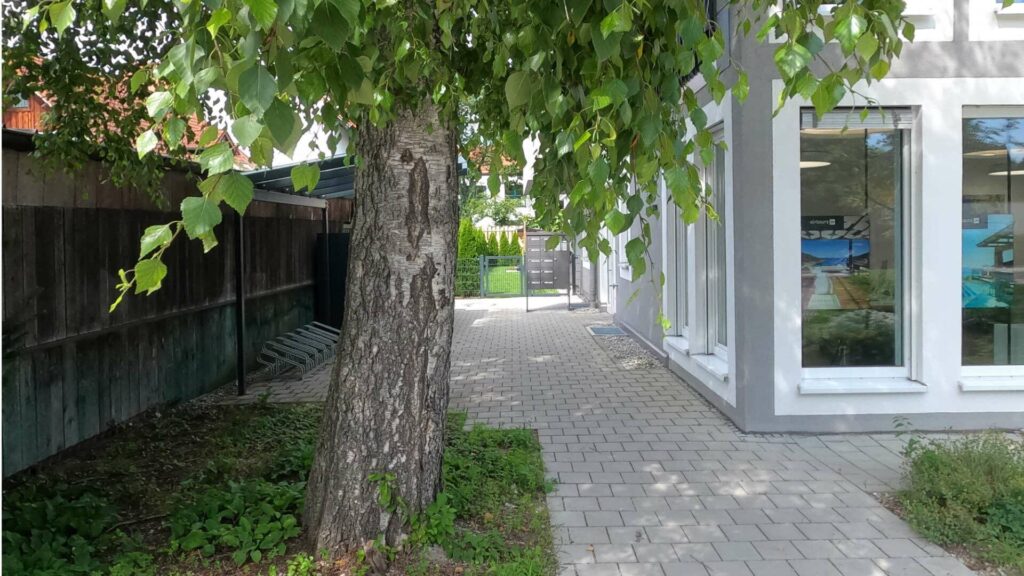 Gepflasterter Weg mit Baum entlang der Fassade eines Wohnhauses in Gröbenzell.