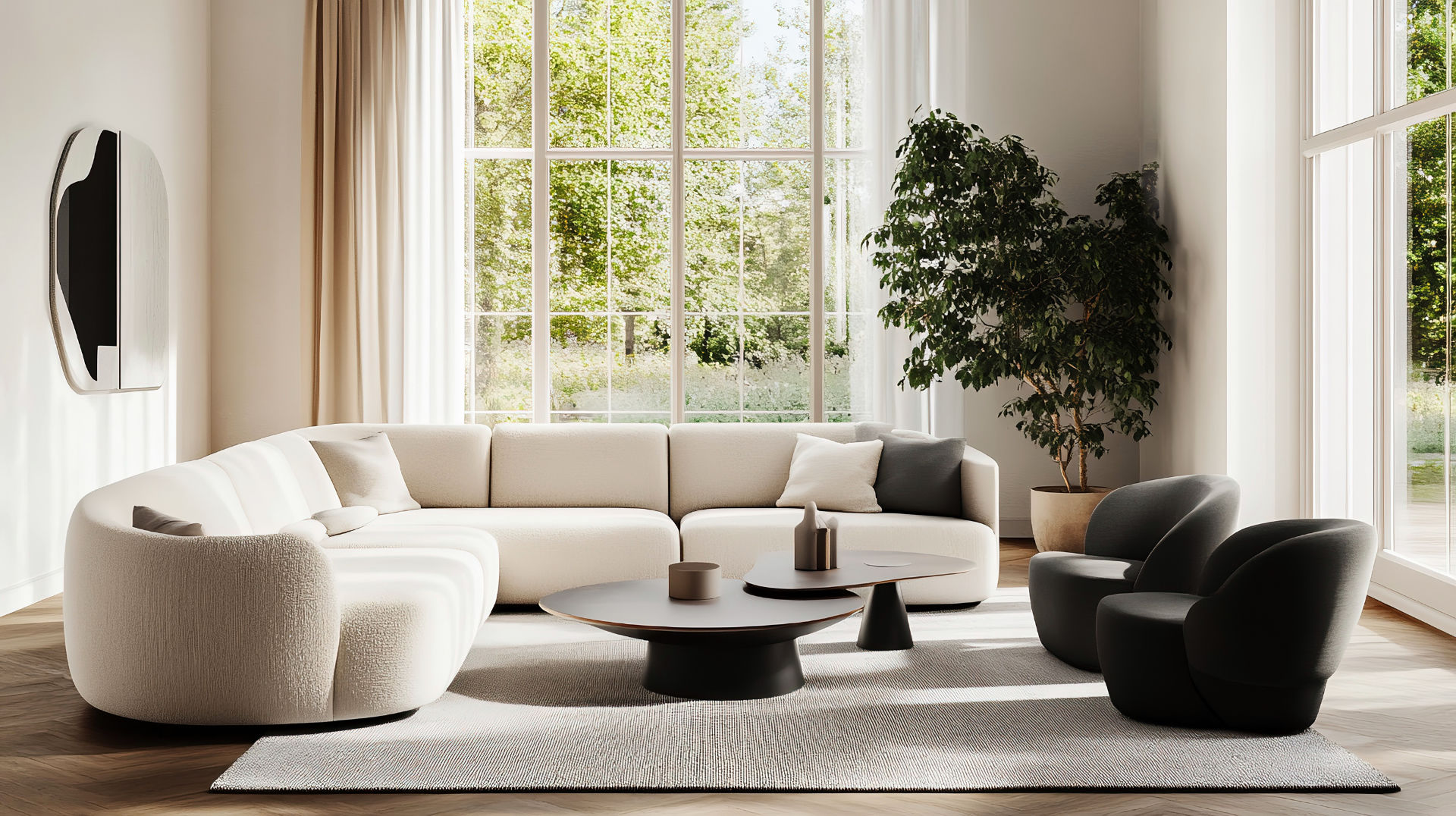 Modernes Wohnzimmer mit cremefarbenem rundem Sofa und schwarzen Sesseln